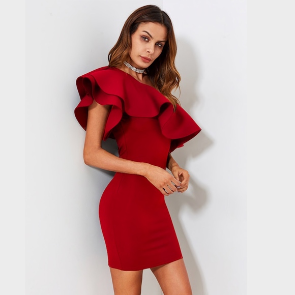 Ruffle One Shoulder Bodycon Mini Dress Red - Picture 4 of 6